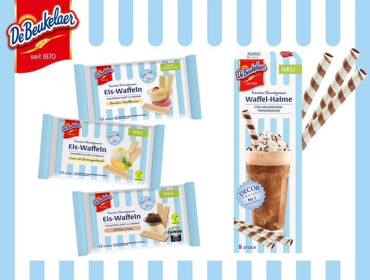 Feinster Dessertgenuss von De Beukelaer mit den beiden Neuprodukten Waffel-Halme und Eis-Waffeln